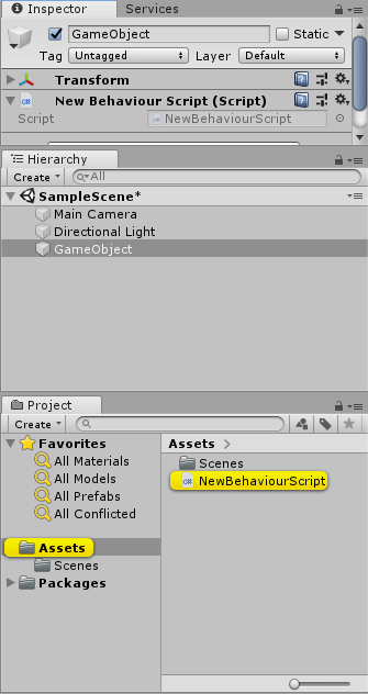 UnityEditor の Inspector ウィンドウで スクリプトをアタッチしている画像