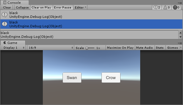 UnityEditor の Console ウィンドウで両方のボタンに"black"を返している画像