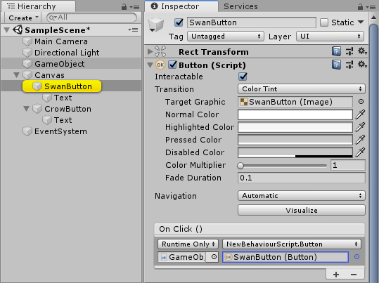 OnClick() イベントで SwanButton を選択している画像