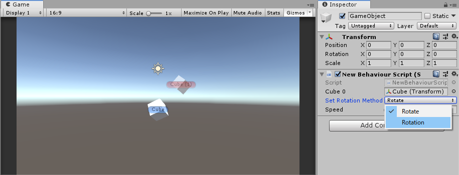 Inspector 上の setRotationMethod 列挙型が Inspector に表示されている画像