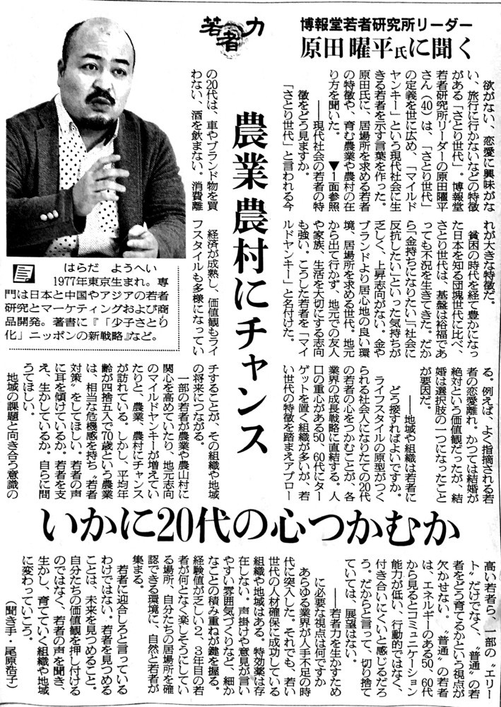 日本農業新聞、若者力の記事