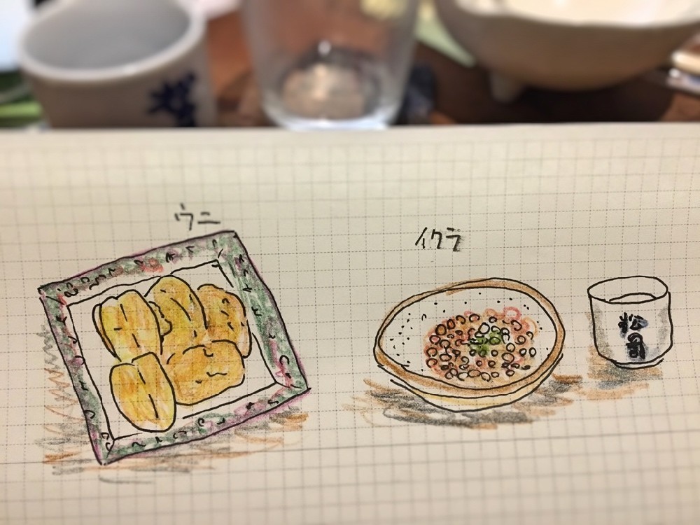 酒のつまみのウニとイクラを描いてみる。