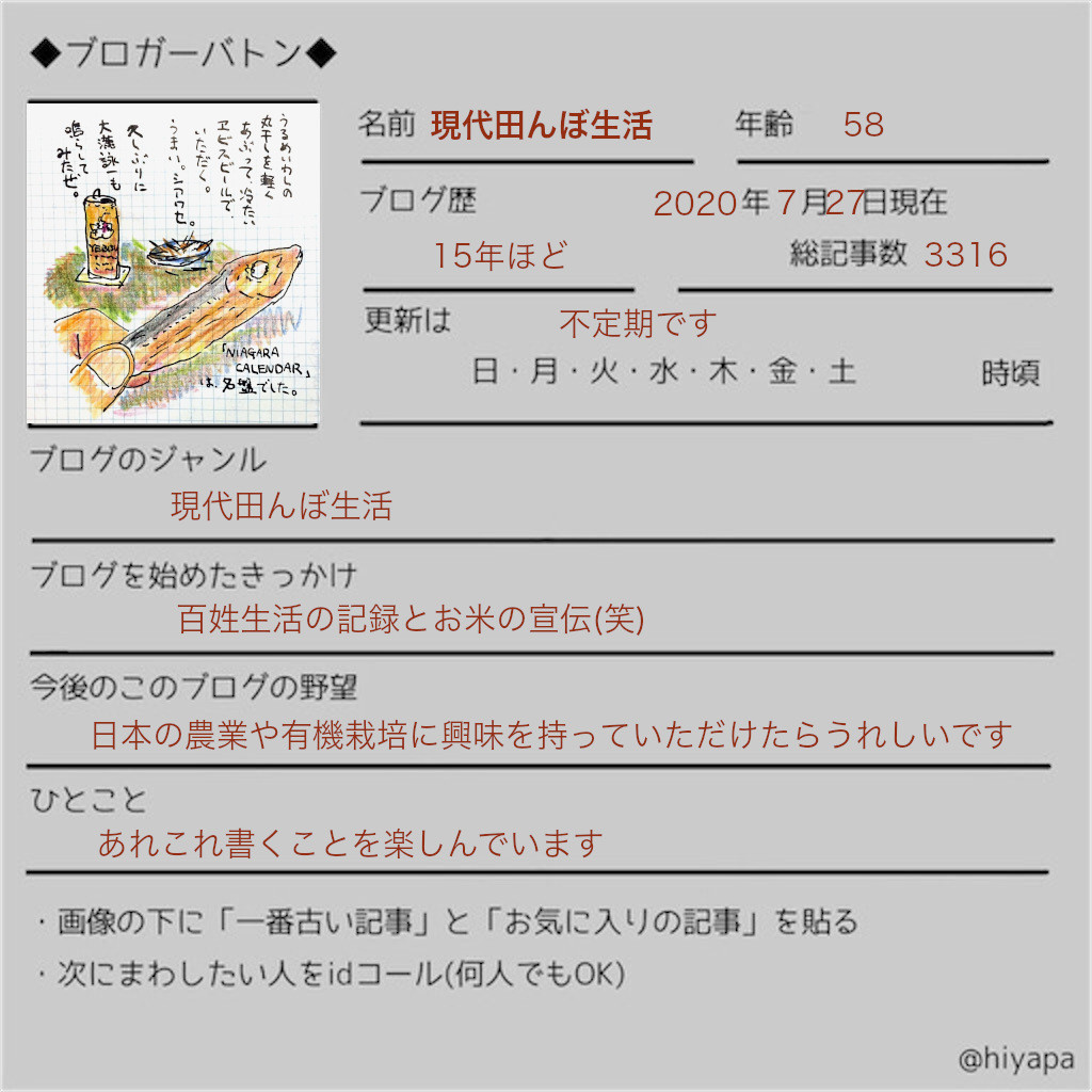 辻井農園のブロガーバトンのシート