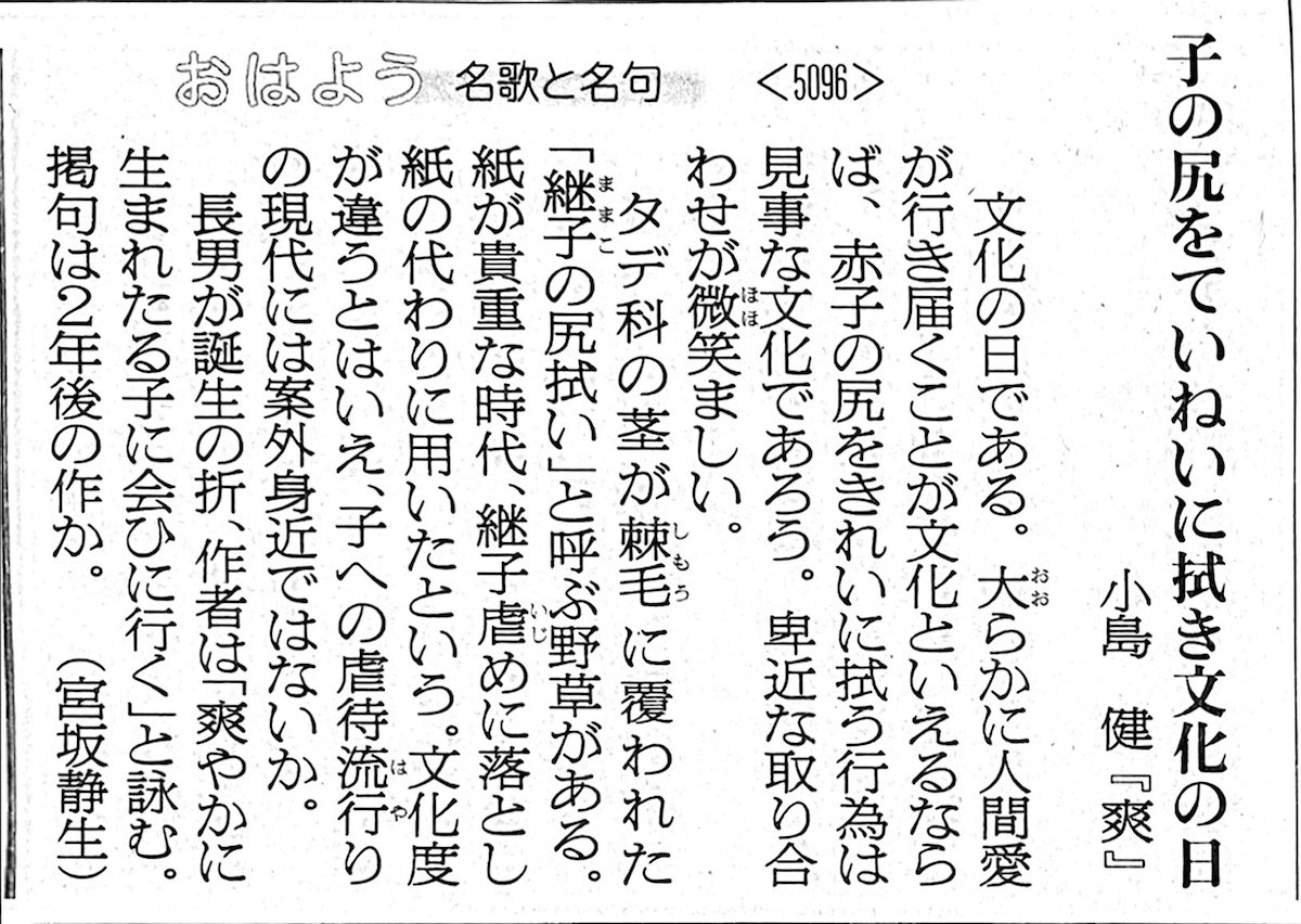 子の尻をていねいに拭き文化の日