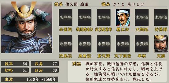 信長の野望・創造 戦国立志伝における佐久間盛重