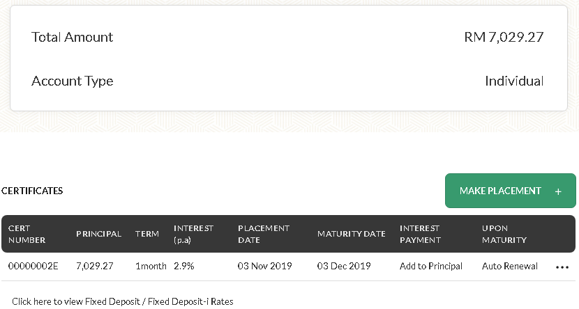 Maybankでの定期預金の結果は7029リンギットでした（2019年11月3日）