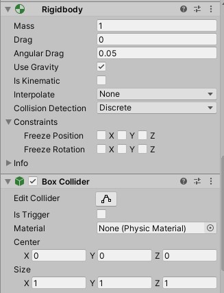 rigidbodyコンポーネントのinspector