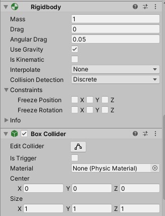 rigidbodyコンポーネントのinspector