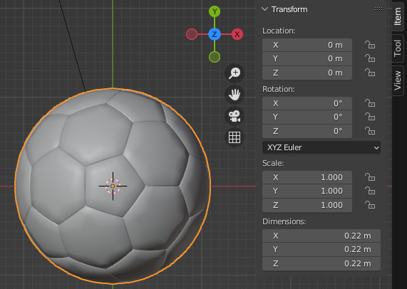 Blenderでサッカーボールを実寸大に設定している様子