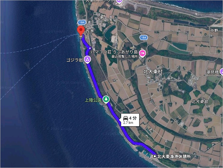北大東漁港→ゴジラ岩→西港 MAP