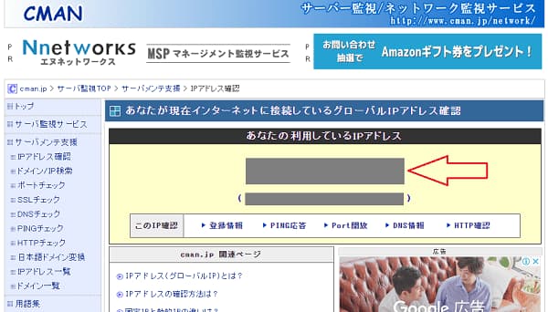 CMAN IPアドレス表示場面の画像