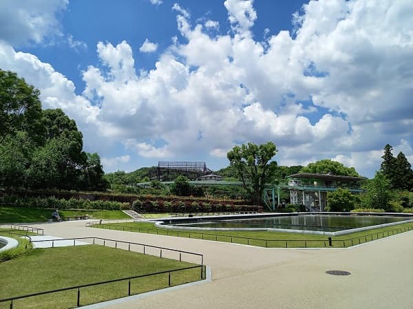 東山動植物園の温室前の池