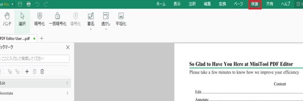 MiniTool PDF Editorの保護で出来る機能画面