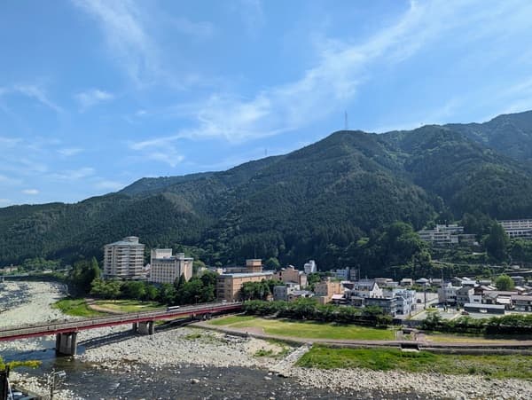 下呂温泉の景色（川と川に掛かっている橋と町並み
