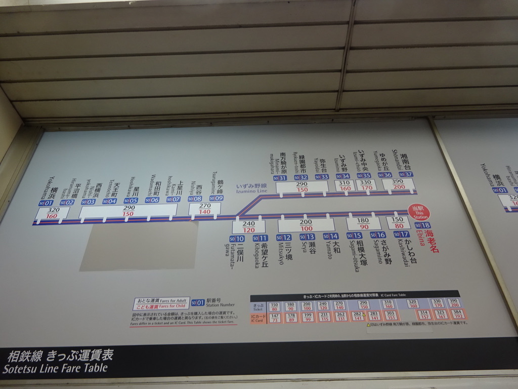 相鉄海老名駅運賃表 剥がすと羽沢横浜国大駅が現れそうなスペース(2019/10/22)