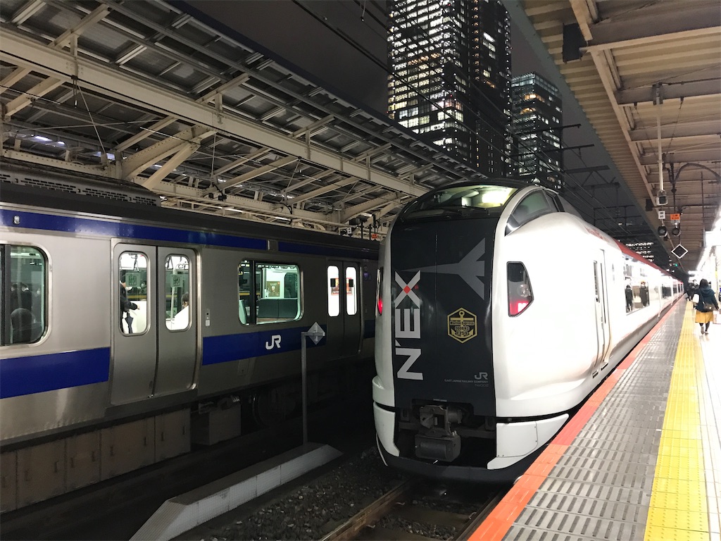 東京駅8番線から間もなく回送されるE259系(2020/3/2)