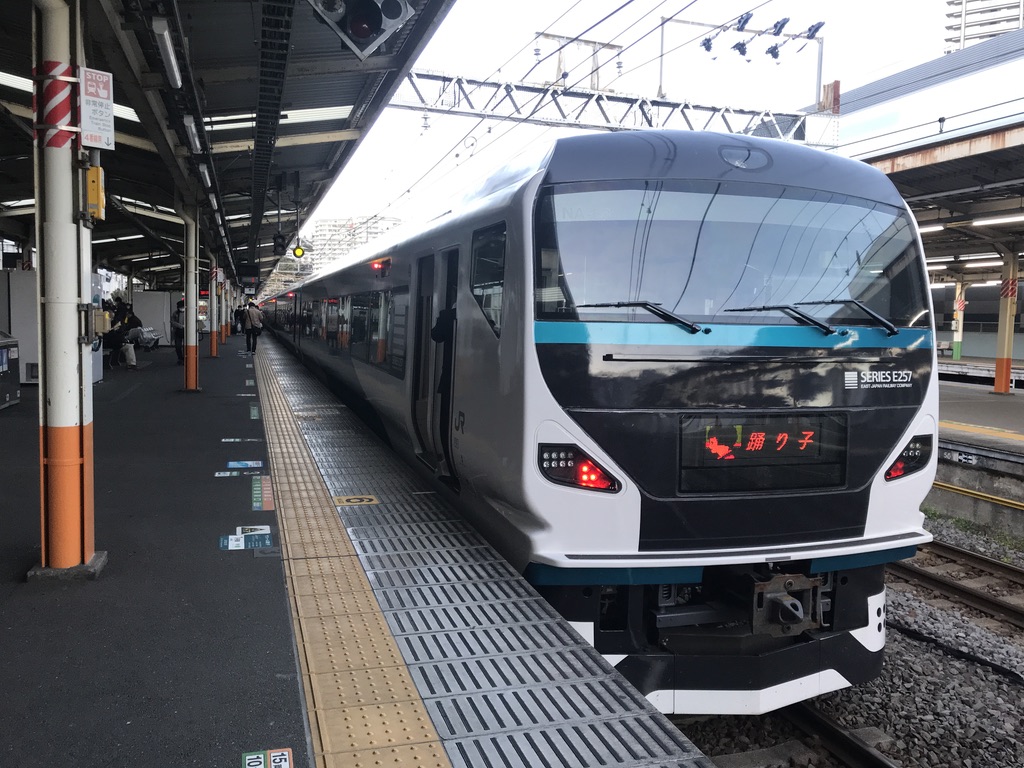 熱海駅4番線に停車中のE257系踊り子18号池袋行き(2020/3/20)