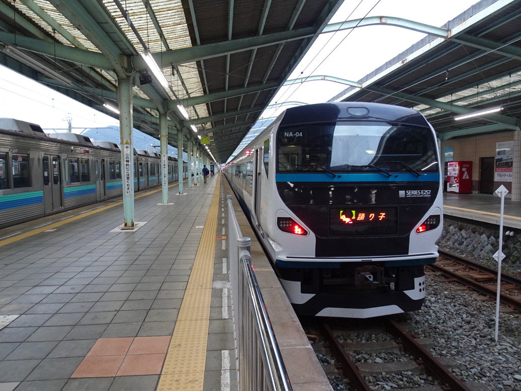 伊豆急下田駅2番線で発車待ち中のE257系踊り子58号東京行き(2020/8/8)