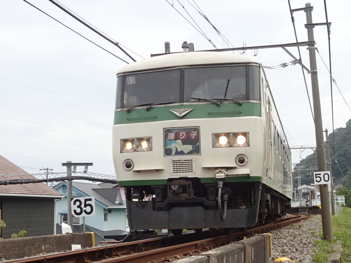 運転停車した片瀬白田駅を出発する185系踊り子54号東京行き(2020/7/24)