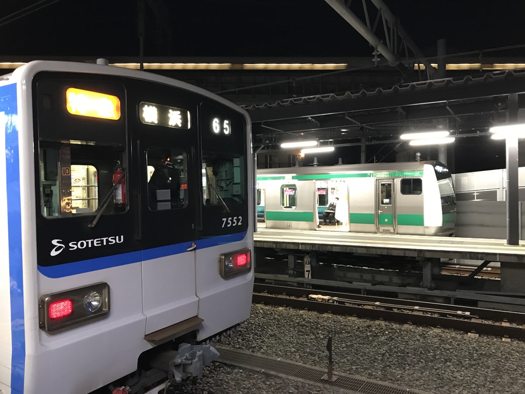 西谷駅3番線に到着した7751F特急横浜行きと、1番線に停車中のE233系、上を走る新幹線(2020/10/18)