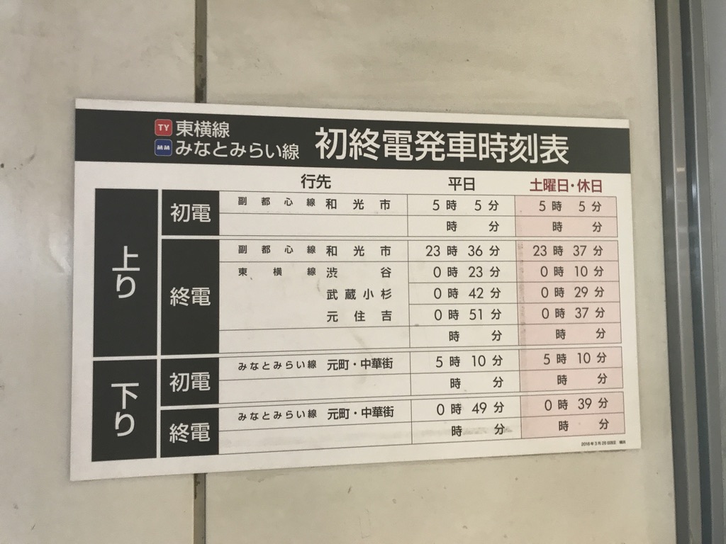 東横線・みなとみらい線横浜駅の初電・終電時刻表(2020/1/9深夜)