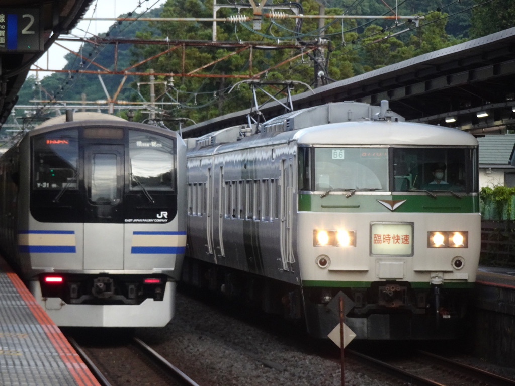 北鎌倉駅を発車するE217系、到着する185系臨時快速鎌倉あじさい号(2021/6/12)