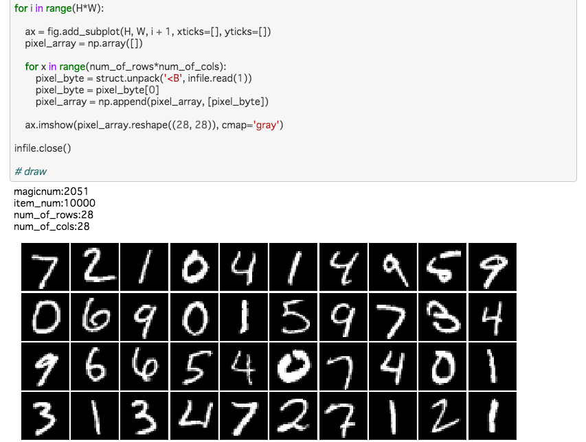 MNISTデータセットのオリジナルファイルをPythonで読み込んでみる - 人工知能と競プロやってくブログ