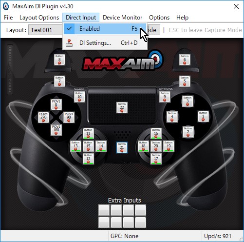 8-13.【MaxAim DI】メニュー→Direct Input→Enabledにチェックを入れる
