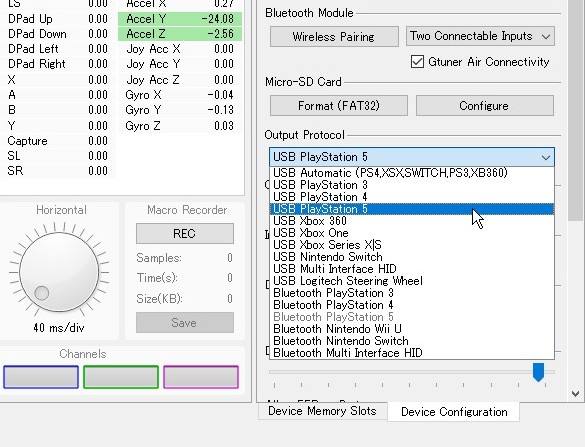 PS5対応コンバーター「Titan Two」の公式アプリ「Gtuner IV」(Windows版/Mac版)の右下の「Device Configuration」タブの「Output Protocol」を「USB PlayStation5」に変更 PS5対応コンバーター「Titan Two」の公式アプリ「Gtuner IV」(Windows版/Mac版)の右下の「Device Configuration」タブの「Output Protocol」を「USB PlayStation5」に変更