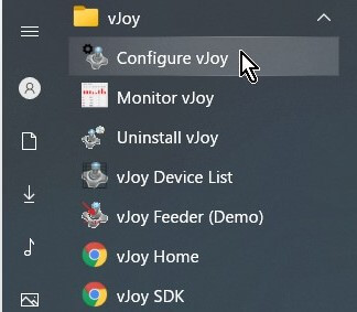 Windowsスタートメニュー→「vJoy」→「Configure vJoy」を開く Windowsスタートメニュー→「vJoy」→「Configure vJoy」を開く