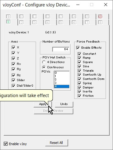 Windowsスタートメニュー→「vJoy」→「Configure vJoy」を設定する Windowsスタートメニュー→「vJoy」→「Configure vJoy」を設定する