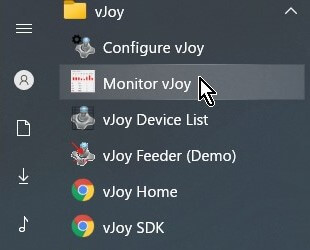 Windowsメニュー→「vJoy」→「Monitor vJoy」を開く Windowsメニュー→「vJoy」→「Monitor vJoy」を開く