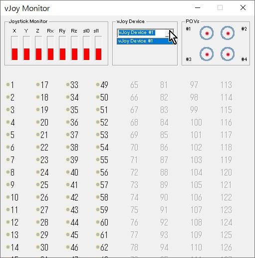 Windowsメニュー→「vJoy」→「Monitor vJoy」を見る Windowsメニュー→「vJoy」→「Monitor vJoy」を見る
