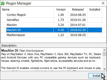 「Gtuner Pro」メニュー→「Plugins」→「Plugin Manager」を開いて「MaxAim DI」を選択して「Install」ボタンをクリック 「Gtuner Pro」メニュー→「Plugins」→「Plugin Manager」を開いて「MaxAim DI」を選択して「Install」ボタンをクリック