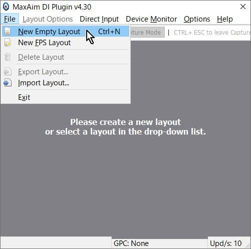 「MaxAim DI」メニュー→「File」→「New Empty Layout」を開く 「MaxAim DI」メニュー→「File」→「New Empty Layout」を開く