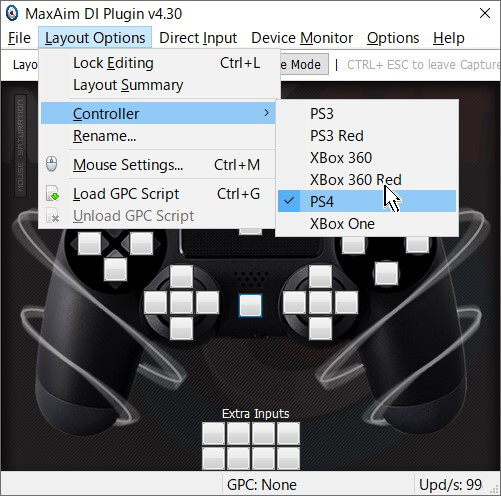 「MaxAim DI」メニュー→「Layout Options」→「Controller」→「PS4」にチェックを入れる 「MaxAim DI」メニュー→「Layout Options」→「Controller」→「PS4」にチェックを入れる