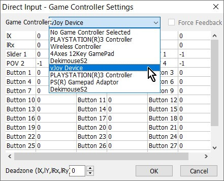 「MaxAim DI」メニュー→「Direct Input」→「DI Settings...」を開いて「Game Controller:」で「vJoy Device」を選択する 「MaxAim DI」メニュー→「Direct Input」→「DI Settings...」を開いて「Game Controller:」で「vJoy Device」を選択する