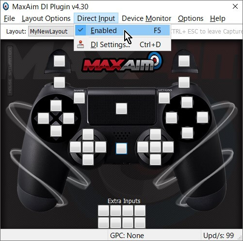 「MaxAim DI」メニュー→「Direct Input」→「Enabled」にチェックを入れる 「MaxAim DI」メニュー→「Direct Input」→「Enabled」にチェックを入れる