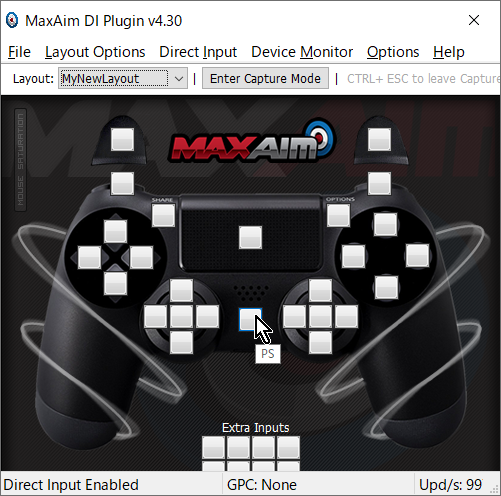 【Titan One】純正アプリ「Gtuner Pro」(Windows版のみ)のプラグイン「MaxAim DI」でNintendo Switchの「HOME」ボタンに相当するPS4コントローラーレイアウトの「PSボタン」をクリック 【Titan One】純正アプリ「Gtuner Pro」(Windows版のみ)のプラグイン「MaxAim DI」でNintendo Switchの「HOME」ボタンに相当するPS4コントローラーレイアウトの「PSボタン」をクリック