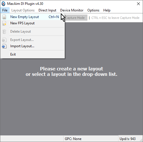 【Titan One】「MaxAim DI」メニューの「File」→「New Empty Layout」 【Titan One】「MaxAim DI」メニューの「File」→「New Empty Layout」