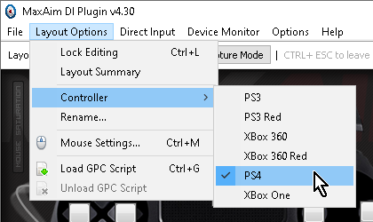 【Titan One】「MaxAim DI」メニューの「Layout Options」→「Controller」→「PS4」 【Titan One】「MaxAim DI」メニューの「Layout Options」→「Controller」→「PS4」
