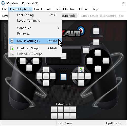 【Titan One】「MaxAim DI」メニューの「Layout Options」→「Mouse Settings...」 【Titan One】「MaxAim DI」メニューの「Layout Options」→「Mouse Settings...」