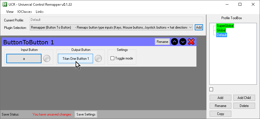【Titan One】UCR(Universal Control Remapper)の「Output Button」に「Titan One Button 1」を割当 【Titan One】UCR(Universal Control Remapper)の「Output Button」に「Titan One Button 1」を割当