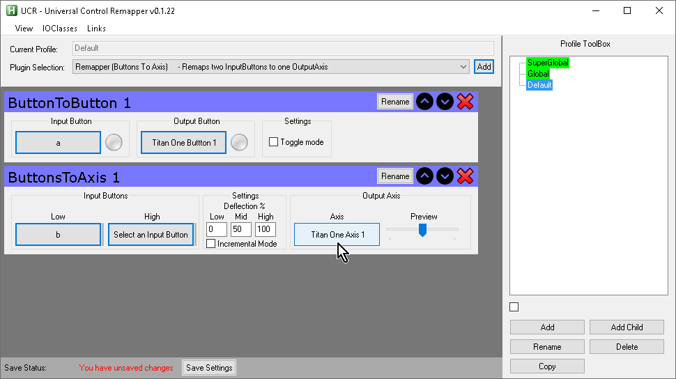 【Titan One】UCR(Universal Control Remapper)の「Output Button」に「Titan One Axis 1」を割当 【Titan One】UCR(Universal Control Remapper)の「Output Button」に「Titan One Axis 1」を割当