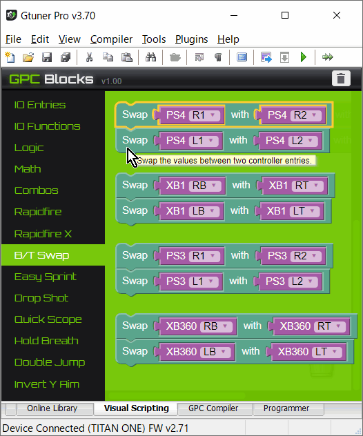 ゲームコントローラー変換器「Titan One」を公式アプリ「Gtuner Pro」の「GPC Blocks機能」でカスタマイズ #02:「B/T Swap」 ゲームコントローラー変換器「Titan One」を公式アプリ「Gtuner Pro」の「GPC Blocks機能」でカスタマイズ #02:「B/T Swap」