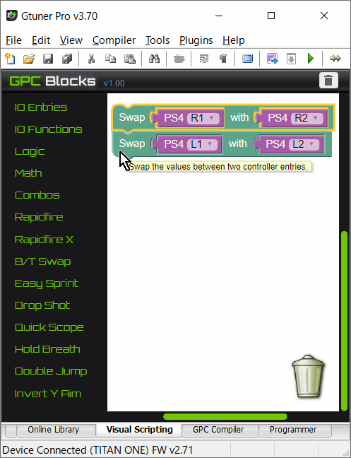ゲームコントローラー変換器「Titan One」を公式アプリ「Gtuner Pro」の「GPC Blocks機能」でカスタマイズ #03-1:編集 その1 ゲームコントローラー変換器「Titan One」を公式アプリ「Gtuner Pro」の「GPC Blocks機能」でカスタマイズ #03-1:編集 その1