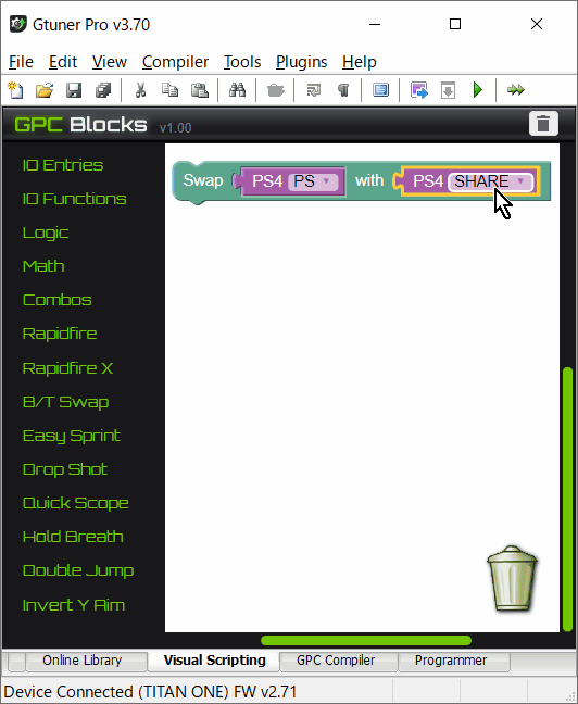 ゲームコントローラー変換器「Titan One」を公式アプリ「Gtuner Pro」の「GPC Blocks機能」でカスタマイズ #03-3:編集 その3 ゲームコントローラー変換器「Titan One」を公式アプリ「Gtuner Pro」の「GPC Blocks機能」でカスタマイズ #03-3:編集 その3