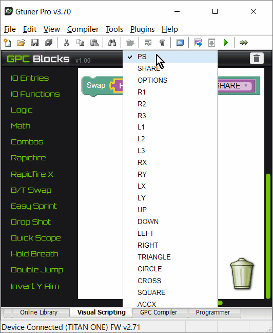 ゲームコントローラー変換器「Titan One」を公式アプリ「Gtuner Pro」の「GPC Blocks機能」でカスタマイズ #03-4:編集 その4 ゲームコントローラー変換器「Titan One」を公式アプリ「Gtuner Pro」の「GPC Blocks機能」でカスタマイズ #03-4:編集 その4