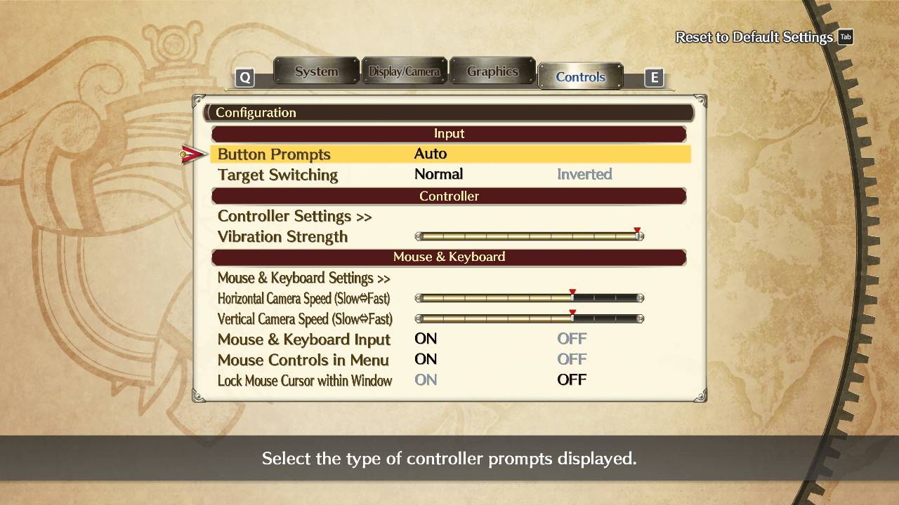 PC版（英語）「空の軌跡 the 1st」：オプション→操作設定