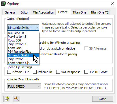 「Titan One（タイタンワン）」の管理ソフトウェア「Gtuner Pro」のメニュー→「Tools」→「Options...」→「Device」タブで「Output Protocol」を「Nintendo Switch」に変更